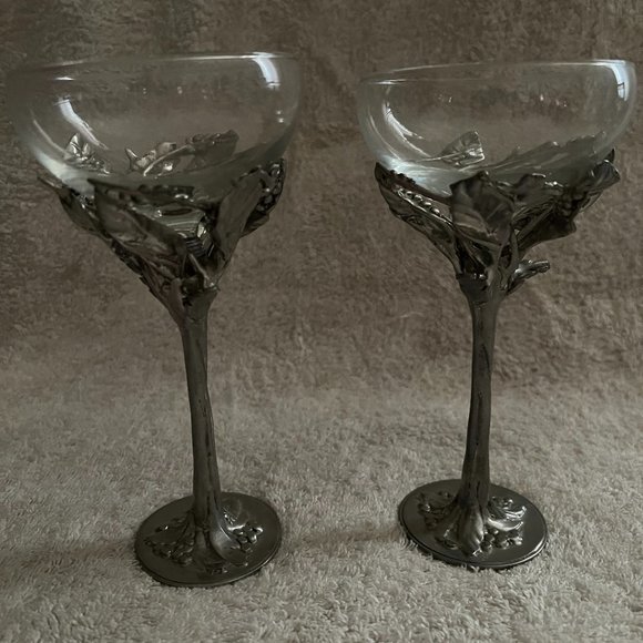CASTOR COOPER PEWTER FOOTED STEMS wine water glasses - Pair - Picture 1 of 2